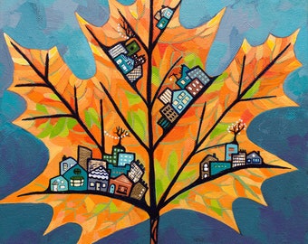 Maple Leaf City | Fall Leaves Fine Art Print | Colorful Wall Art | Whimsical Artwork