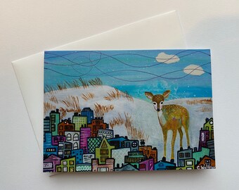 Fawn Friend Greeting Card | Single Blank Notecard | Colorful City Painting Titled Hello There