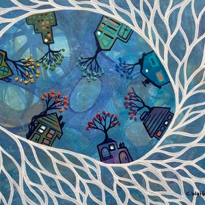May include: Abstract painting featuring stylized houses with colorful trees, set against a blue background. The houses are various colors, including green, blue, and purple. The artwork is framed by a white, tree-like border.
