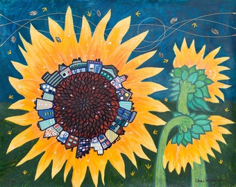 Fine Art Print Titled Sunflower Hub | Whimsical Flower Artwork | Imagined City Painting