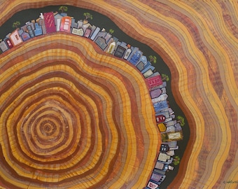 Timeline Fine Art Print | Tree Rings Artwork | Wood Grains Painting with City