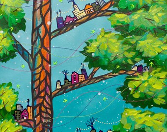 Fine Art Print Titled Treehouse City VI | Whimsical Tree Artwork | Imagined City Painting