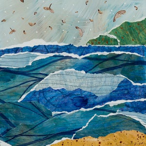 Un posto dove atterrare Stampa artistica / Paesaggio acquatico stravagante / Collage di pittura strappata