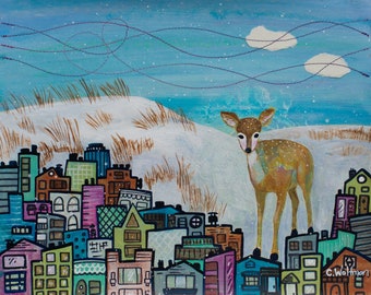 Fine Art Print Titled Hello There | Whimsical Deer Artwork | Imagined City Painting