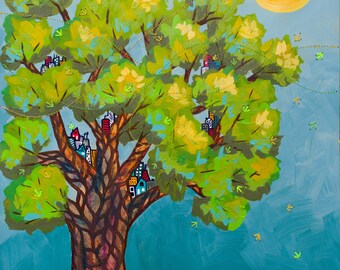 Fine Art Print Titled Treehouse City V | Whimsical Tree Artwork | Imagined City Painting