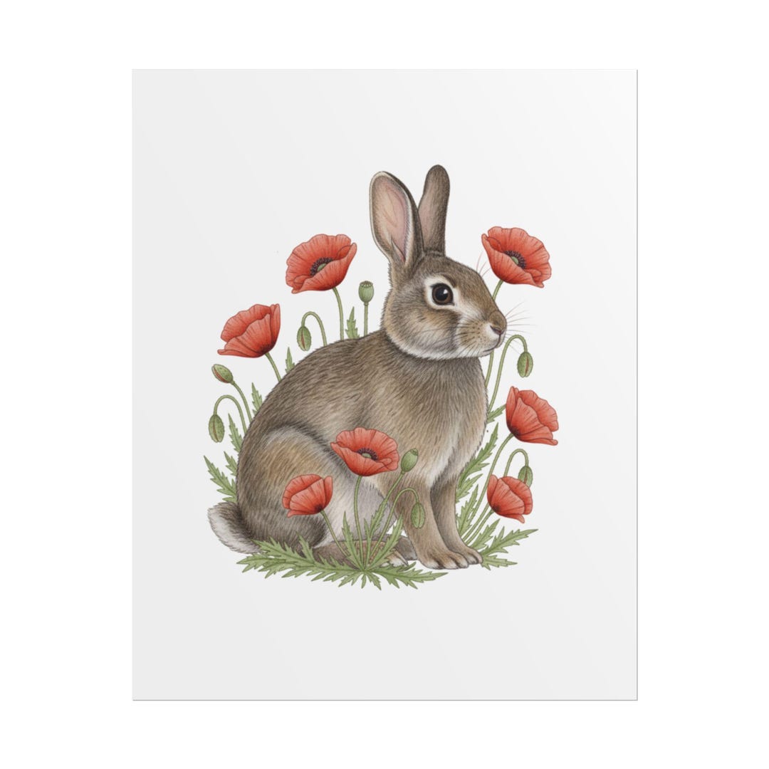 Rabbit With Poppies Rolled Poster | Bunny Art Print - Etsy