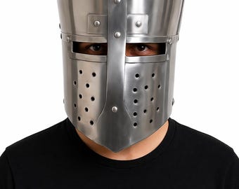 Casco de cruzado medieval, armadura de acero hecha a mano / Casco de caballero de calibre 18 con soporte
