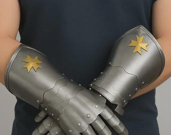 Steel Medieval Gauntlets with Brass Cross – Crusader Knight Armor Gloves