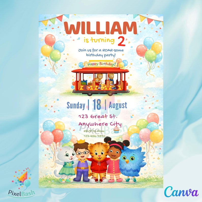 K&ouml;nnte beinhalten: Eine farbenfrohe Geburtstagseinladung mit dem Text "WILLIAM wird 2." Die Einladung zeigt eine rote Stra&szlig;enbahn mit Zeichentrickfiguren, Luftballons und dem Datum "Sonntag 18. August." Das PixelBash-Logo befindet sich unten links.