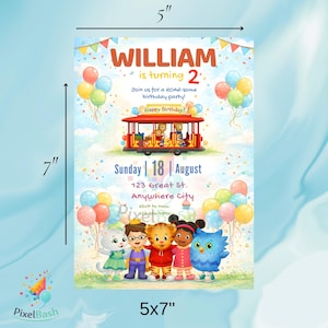 K&ouml;nnte beinhalten: Eine 12,7 x 17,8 cm gro&szlig;e Geburtstagseinladung mit dem Text "WILLIAM wird 2". Die Einladung zeigt eine rote Trolley-Illustration, bunte Luftballons und Party-Details. Misst 5 x 7 Zoll.