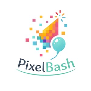 K&ouml;nnte beinhalten: Logo f&uuml;r "PixelBash" mit einem pixeligen Partyhut, einem blauen Ballon und verstreuten Quadraten in Orange-, Rosa-, Blau- und Gelbt&ouml;nen. Der Text ist in dunkler, geschwungener Schrift auf wei&szlig;em Hintergrund.