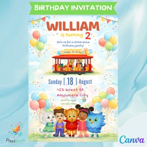 May include: A colorful birthday invitation with the text "BIRTHDAY INVITATION" at the top. The invitation features the name "WILLIAM" and the age "2". It includes a trolley graphic and cartoon characters. The date is August 18th, with an address and RSVP information.