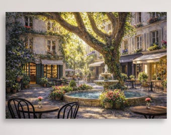 Paris Fountain Wall Art Canvas French Street Scene Artwork for Living Room Bedroom European Cafe  Decor Romantic Courtyard Wall Art