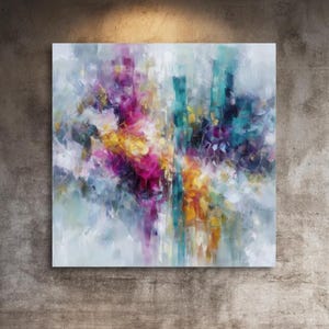 May include: Abstract art painting with a vibrant mix of colors, including pink, yellow, teal, and orange. The artwork is displayed above a fireplace in a modern living room setting. The room features a neutral color palette with a cozy ambiance.