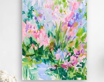 Pastel Garden Painting Floral Wall Art Impressionist Canvas Soft Pink Green Wall Decor Dining Room Coastal Home Artwork Gift for Her