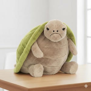 May include: A plush turtle toy with a light green shell and a tan body. The turtle has a sad expression and is sitting on a wooden surface. The toy is soft and cuddly, perfect for children.
