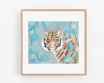Watercolour tiger illustration, tiger jungle leaves, digital download, nature tiger print,  tiger wall art, botanical tiger print