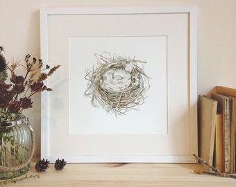 Traditional watercolour bird nest print, natural nest print, housewarming gift, farmhouse wall decor, instant download digital print