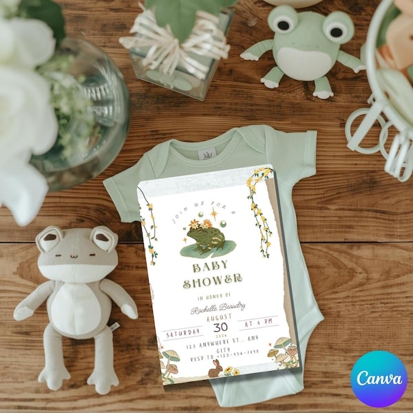 May include: A baby shower invitation with a frog illustration, surrounded by plush frog toys and a light green onesie. The invitation includes details for Rochelle Braudry's baby shower on August 30th at 4 PM.
