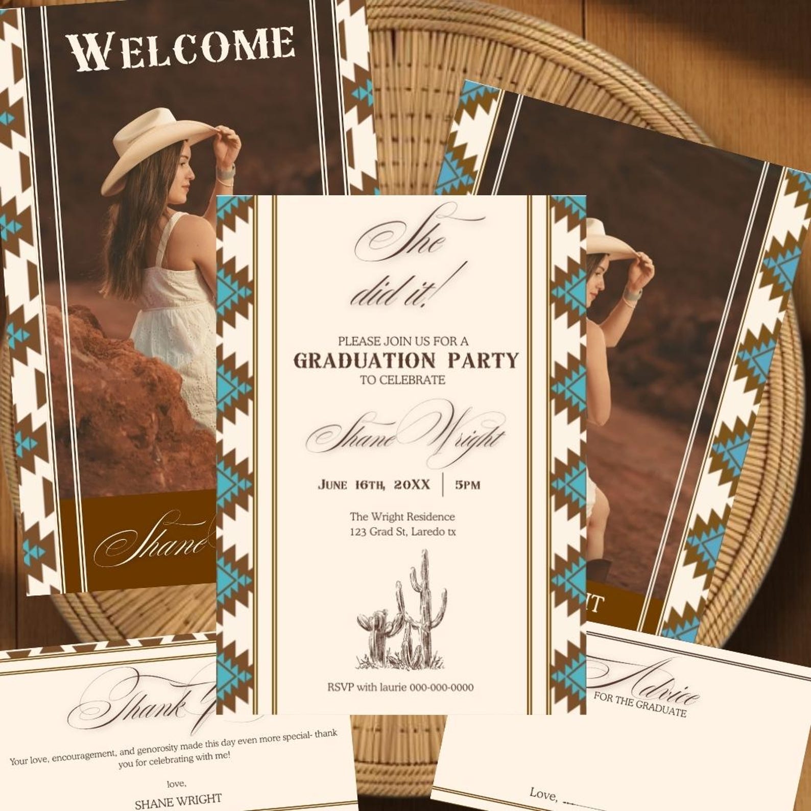 Western Graduation Invitation Bundle Template | Brown & Turquoise Grad ...