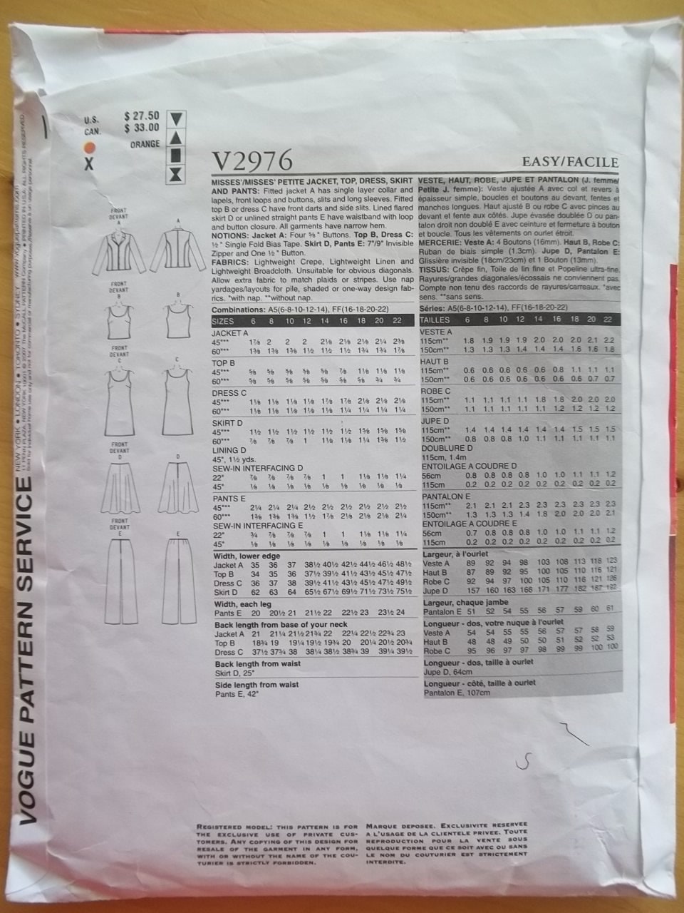 Vogue 2976 Sewing Pattern - Adri - Misses/misses Petite Jacket, Top ...