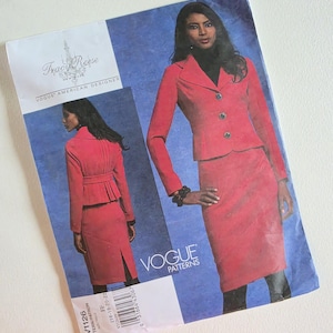May include: A Vogue American Designer sewing pattern envelope for a Tracy Reese design. The cover features a red blazer and skirt set, shown from the front and back. Text includes Tracy Reese New York, Vogue American Designer, and V1126.
