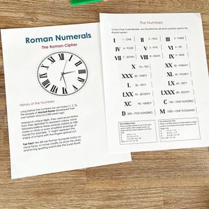 May include: Two educational worksheets on a wooden surface. One titled "Roman Numerals" features a clock face with Roman numerals. The other, "The Numbers," explains the Roman numeral system with examples.
