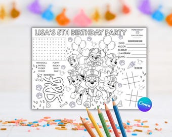 Mantel individual editable de Paw Patrol para niños, hoja para colorear de cumpleaños de Puppy Patrol, hoja de actividades para fiestas infantiles de Paw Patrol, página para colorear digital