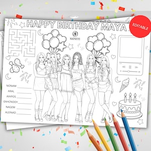 以下が含まれることがあります： 「HAPPY BIRTHDAY MAYA」の文字と、女性、風船、ケーキ、アイスクリームのイラストが描かれた白黒の塗り絵。迷路と「EDITABLE」と書かれた赤い丸も含まれています。色鉛筆が前景にあります。