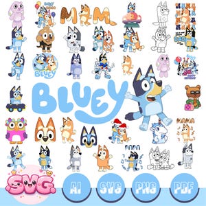Peut inclure: Une collection de graphiques numériques colorés sur le thème de Bluey. L'image présente divers personnages et phrases de la série animée, dont Bluey, Bingo et le mot "BLUEY" en grandes lettres bleu clair. Formats : SVG, PNG, PDF et AI.