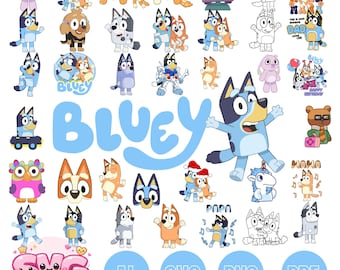 100+ Bluey PNG SVG Bundle + BONUS Font, Bluey Dog Bingo Clipart Bundle Set Original Designs for Birthday Day Crafts Coloring Printing