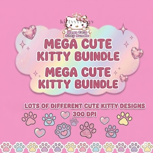 Mega Gatinho PNG, Clipart de Desenho Animado Rosa, Pacote de Desenhos de Gatos Kawaii (Download Digital)