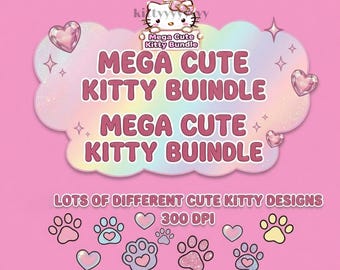 Mega Kitty PNG, rosa tecknad clipart, kawaii kattdesigner paket (digital nedladdning)