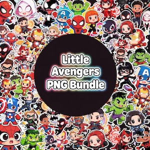 May include: A collection of colorful cartoon stickers featuring various superheroes, including Spider-Man, Captain America, and Iron Man. The stickers are arranged around a black circle with the text "Little Avengers PNG Bundle".