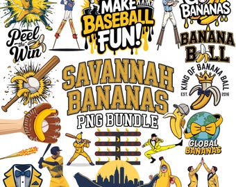 Savannah Banana PNG-paket, bananer baseboll PNG, Savannah basebollgrafik, rolig bananskjortadesign, basebollälskare, skolmaskot Clipart