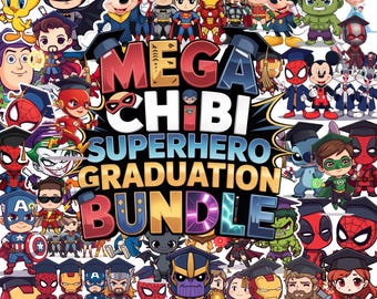 Mega Chibi superhjälteexamenspaket, examensclipart PNG, seriefigurer, examen PNG, examenskonst