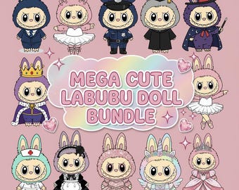 Labubu docka PNG-paket, kawaii monster clipart, sublimeringsdesign för klistermärken och skjortor
