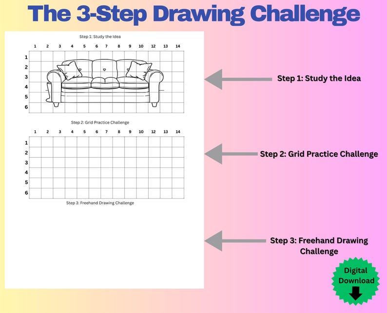 Grid Method Drawing Worksheets, Furniture Sketching Tutor (digital ...