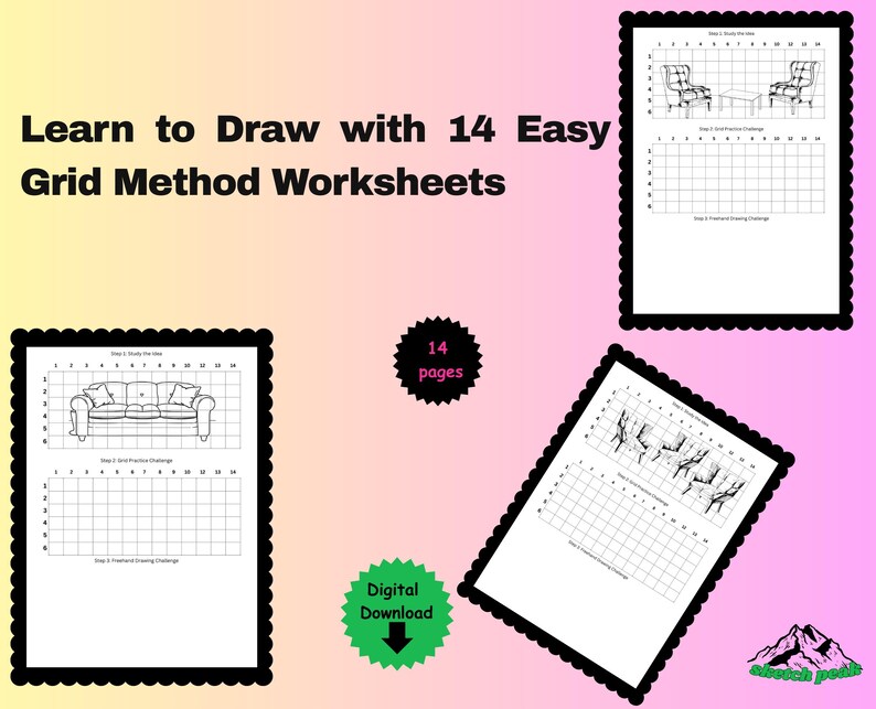 Simple Grid Method Grid Method Drawing Worksheets, Furniture Sketching Tutor (digital ...