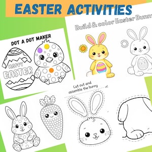 Peut inclure: Feuilles d'activités sur le thème de Pâques avec des lapins, des poussins et des carottes à colorier et des activités point à point. Comprend des instructions pour découper et assembler un lapin. Le texte "EASTER ACTIVITIES" et "DOT A DOT MAKER" sont visibles.