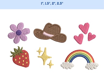 May include: A collection of embroidered patches featuring a flower, cowboy hat, hearts, strawberry, stars, and rainbow. The text "Multiple Sizes" is displayed above the patches, with size options of 2.5 cm, 3.8 cm, 5 cm, and 6.4 cm.
