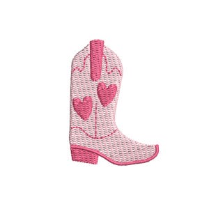 May include: A light pink embroidered cowboy boot with two pink hearts. The boot has a textured design and a pink heel and trim. The boot is a decorative item.