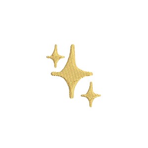 May include: Three gold-coloured starburst embroidery designs on a white background. The largest starburst has four points, and the other two are smaller. The embroidery has a textured appearance.
