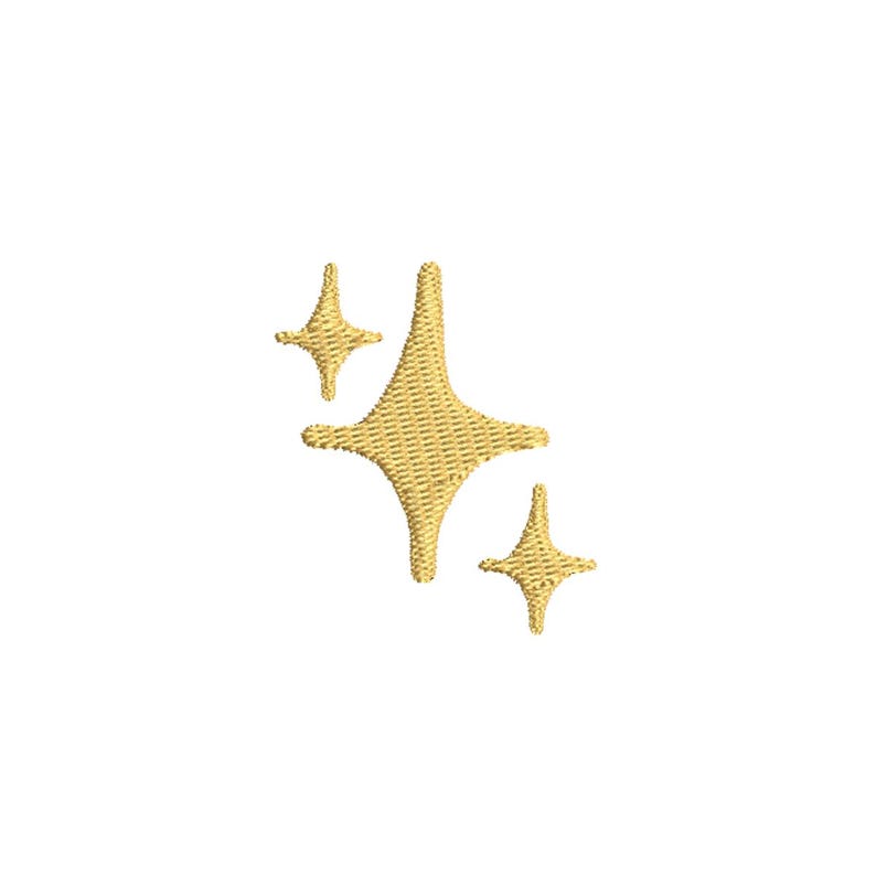 May include: Three gold-coloured starburst embroidery designs on a white background. The largest starburst has four points, and the other two are smaller. The embroidery has a textured appearance.