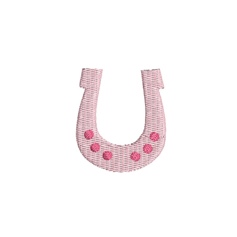 May include: A light pink horseshoe with a textured surface and seven small, round, dark pink accents. The horseshoe is a symbol of good luck, often used in crafts and embroidery.