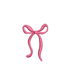 May include: A pink embroidered bow with long, flowing ribbons. The bow has a textured appearance, and the colour is a vibrant, solid pink. The design is centred on a white background, highlighting the bow's delicate shape.