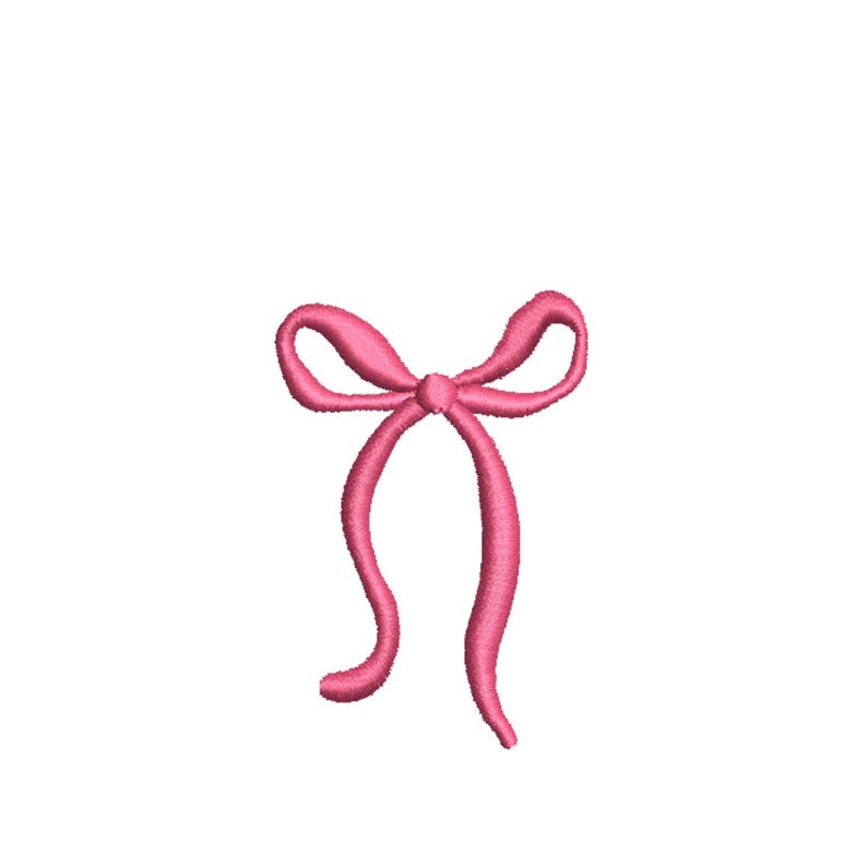 May include: A pink embroidered bow with long, flowing ribbons. The bow has a textured appearance, and the colour is a vibrant, solid pink. The design is centred on a white background, highlighting the bow's delicate shape.