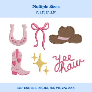 May include: Embroidered cowboy-themed designs featuring a horseshoe, bow, cowboy hat, boot, stars, and the text "Yee Haw". The designs are in pink, brown, and gold, with the text "Multiple Sizes" and size measurements in inches.