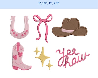 May include: A collection of embroidered cowboy-themed designs, including a horseshoe, bow, cowboy hat, boot, stars, and the text "Yee Haw". The designs are in pink, brown, and gold, with the text "Multiple Sizes" and size measurements.