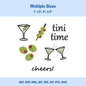 Puede incluir: Diseño bordado con copas de martini, aceitunas y las palabras "tini time" y "cheers!" en negro. Disponible en múltiples tamaños: 2,5 cm, 3,8 cm, 5 cm y 6,4 cm.